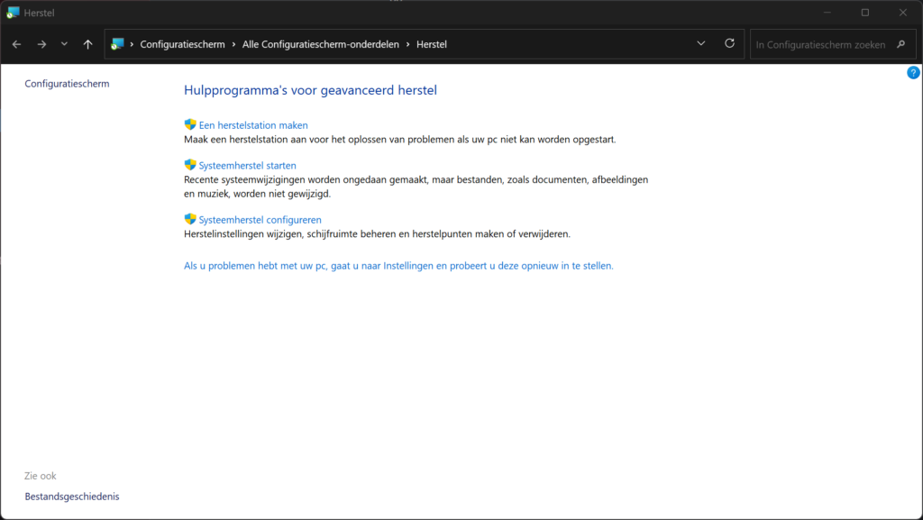 Menu voor herstelpunt