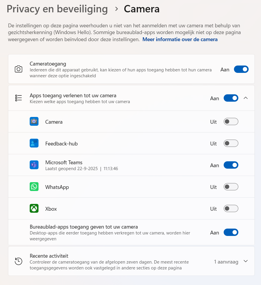 Windows Privacy en beveiliging Camera