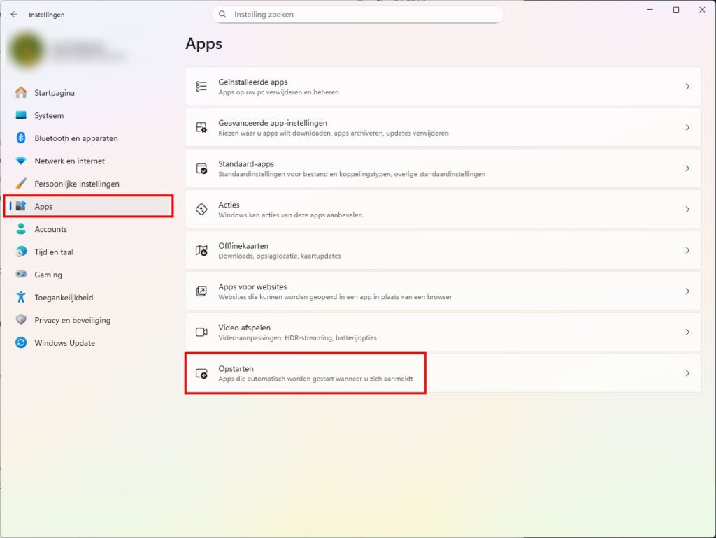 Instellingen Apps Opstarten