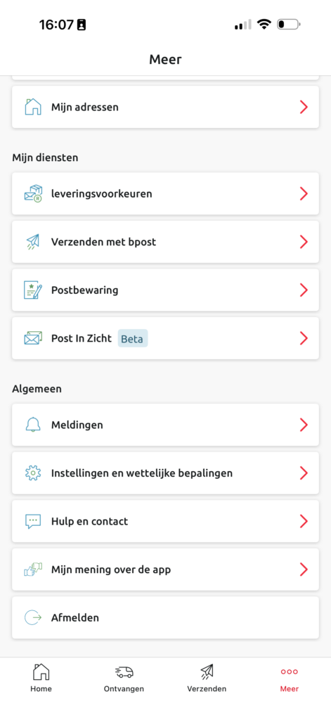 Open menu in Bpost-app