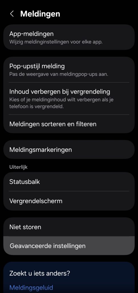 meldingen geavanceerde instellingen android