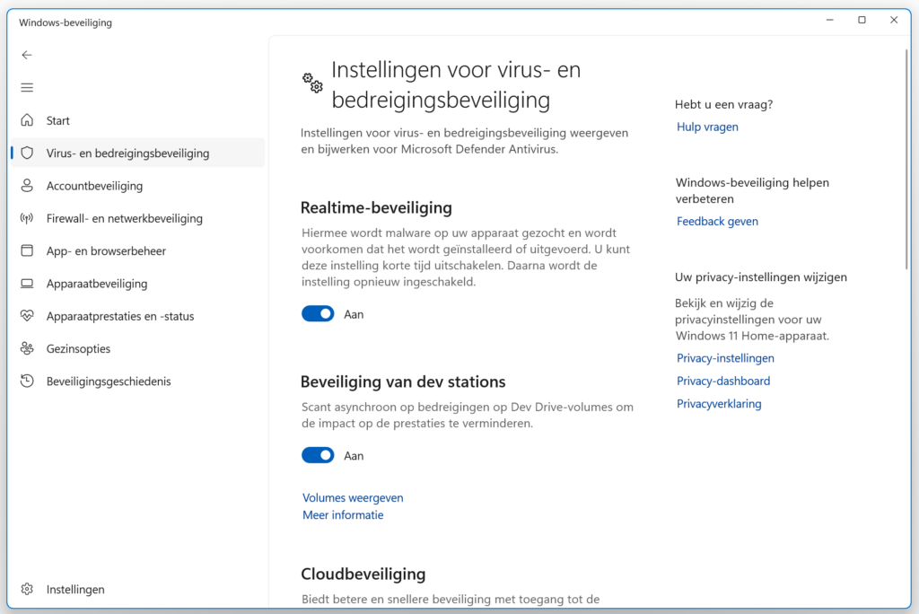 Windows-beveiliging Instellingen voor virus- en bedreigingsbeveiliging